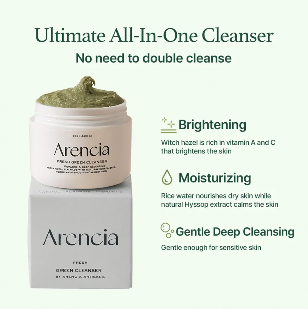 Arencia Fresh Green Cleanser jar with green cream on top and product details on a white background