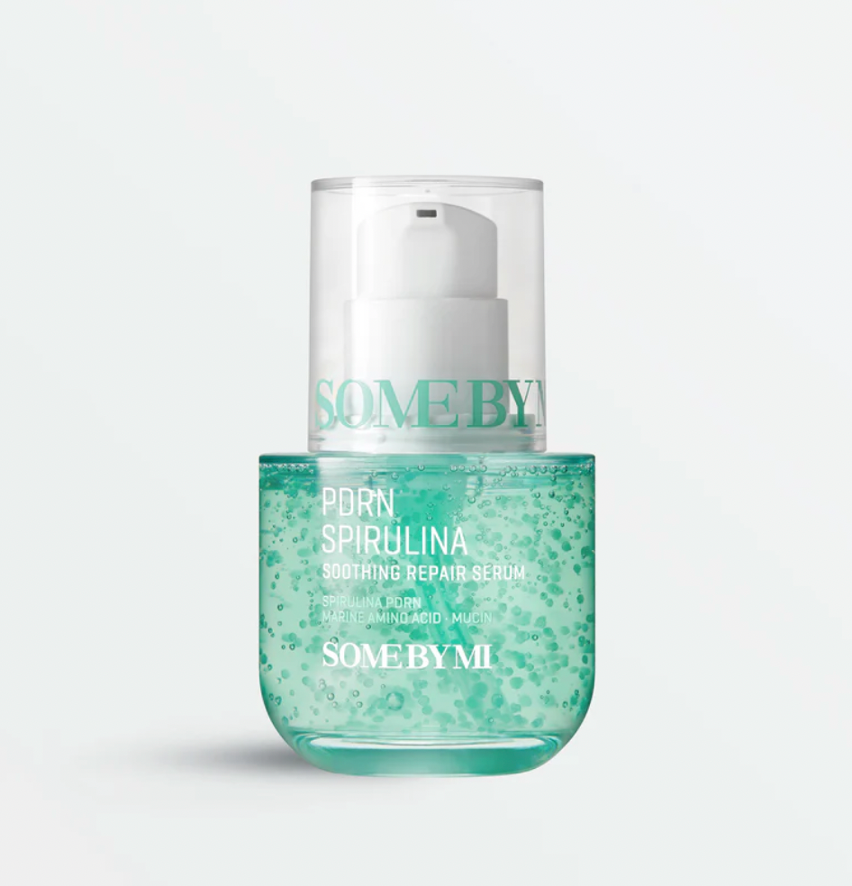 Skincare serum bottle labeled 'SOME BY MI' on a light gray background