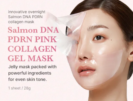 Woman wearing a Salmon DNA PDRN pink collagen gel mask with product details on a light pink background.