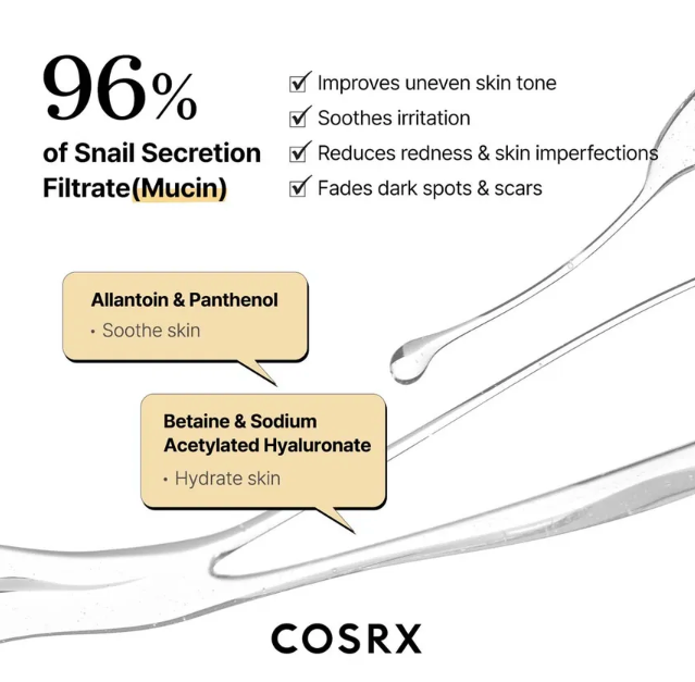 Cosrx skincare product with snail secretion filtrate and its benefits on a white background