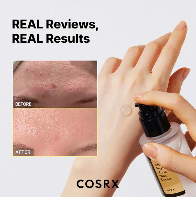 COSRX skincare product being applied with 'Before' and 'After' skin comparison on a white background