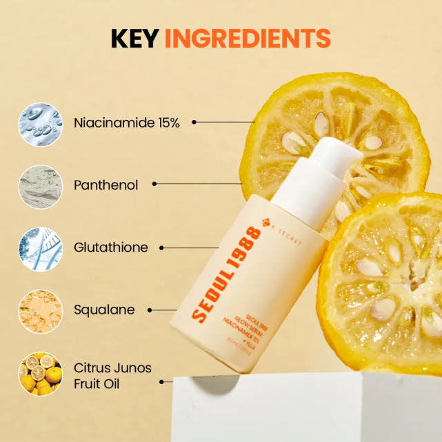 Skincare product with key ingredients listed on a beige background with lemon slices.