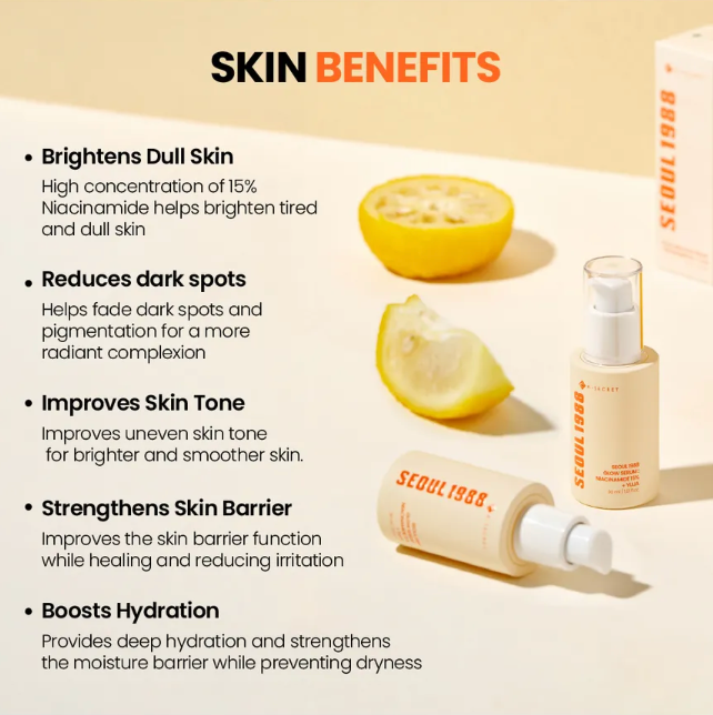 Skincare products with lemon slices on a beige background, highlighting skin benefits.