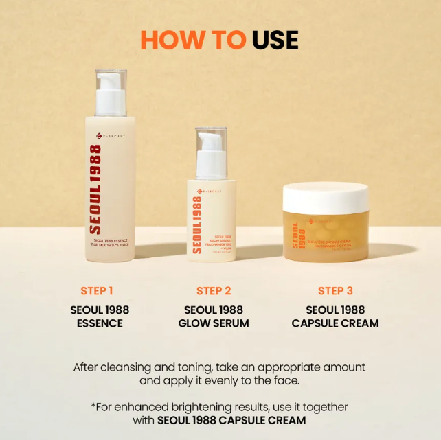 Cosmetic products with step-by-step usage instructions on a beige background