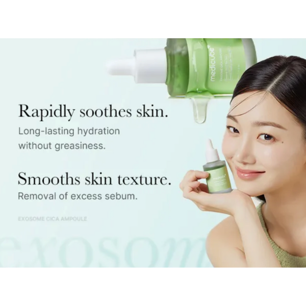 Woman holding a skincare product with text about skin soothing and texture smoothing.
