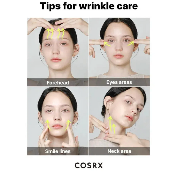 Cosrx tips for wrinkle care showing different areas of the face.