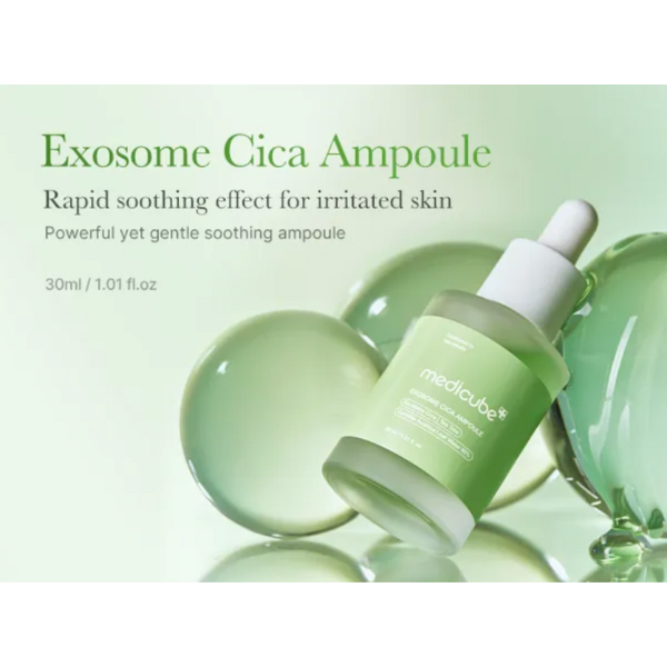 Medicube Exosome Cica Ampoule with dropper on a green background