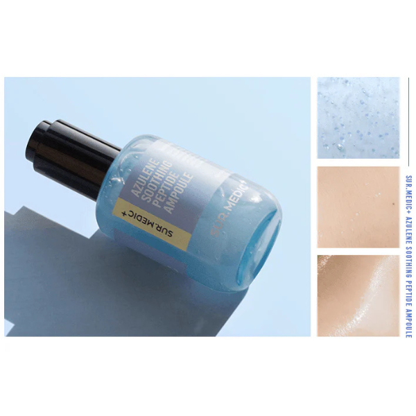 Skincare serum bottle with close-up of skin texture on a light blue background
