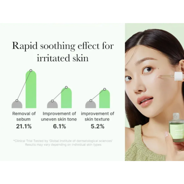 Product advertisement with a woman applying skincare product and text about rapid soothing effects for irritated skin.