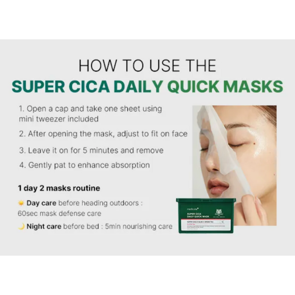 Instructions on how to use super CICA daily quick masks with a person wearing a mask and product packaging.