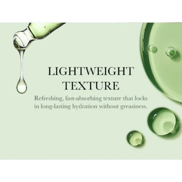 Advertisement for a skincare product with text about lightweight texture on a green background.