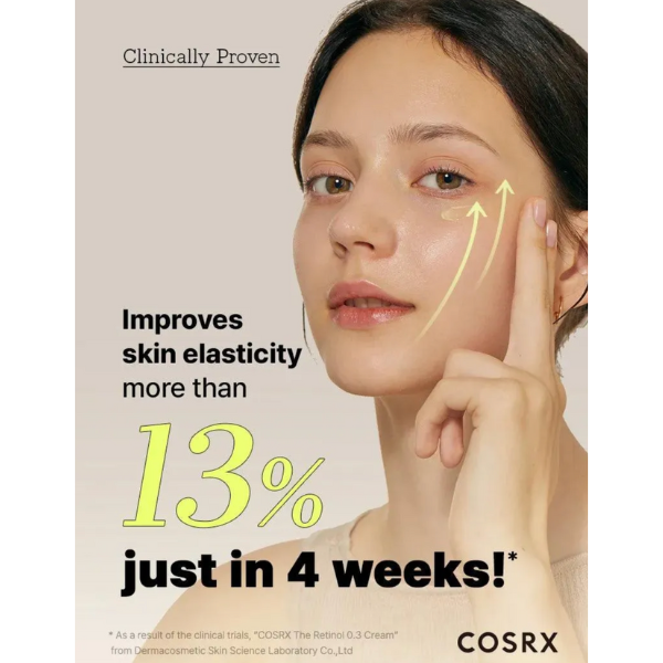 Cosrx advertisement showing a woman's face with text about skin elasticity improvement.