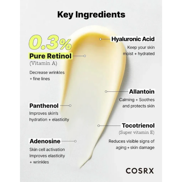CosRX skincare product with key ingredients labeled on a white background