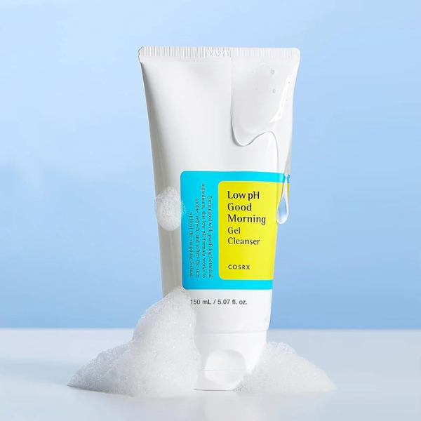 Tube of Low pH Good Morning Gel Cleanser with a blue label on a light blue background