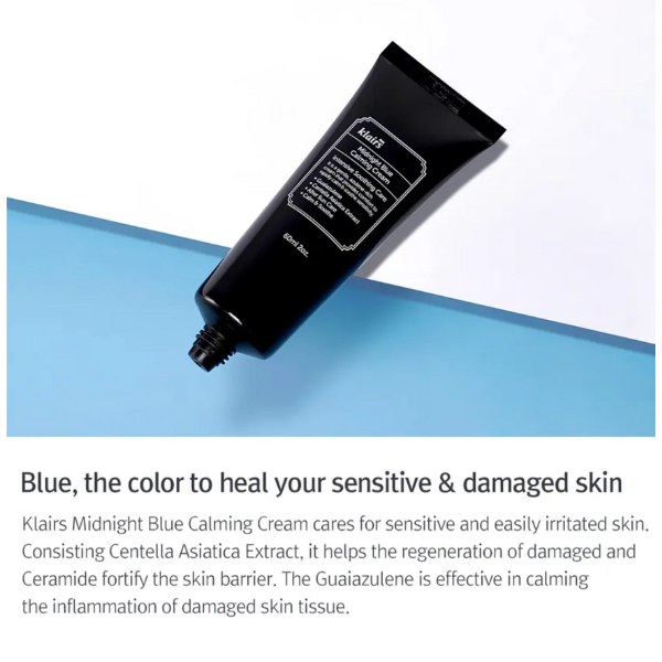 Black tube of Klairs Midnight Blue Calming Cream on a blue and white background