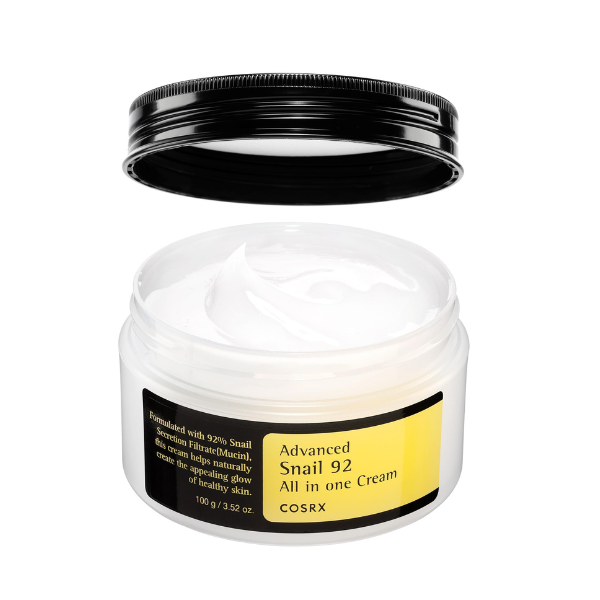 Cosrx Advanced Snail 92 All in one Cream jar with black lid on a white background