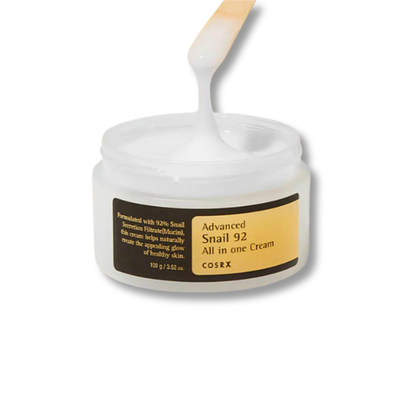 Cosrx Advanced Snail 92 All in one Cream jar with a wooden applicator on a white background
