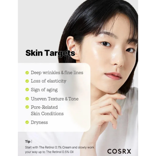 COSRX advertisement with a woman's face and skin targets list on a white background