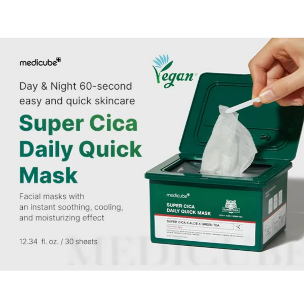 Medicube Super Cica Daily Quick Mask packaging with a hand taking a mask out, on a white background.