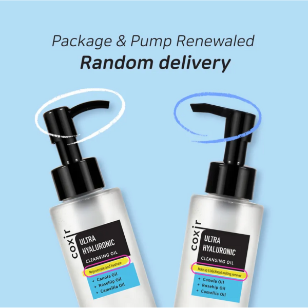 Two bottles of Coxir Ultra Hyaluronic Cleansing Oil with pump mechanisms on a light blue background.