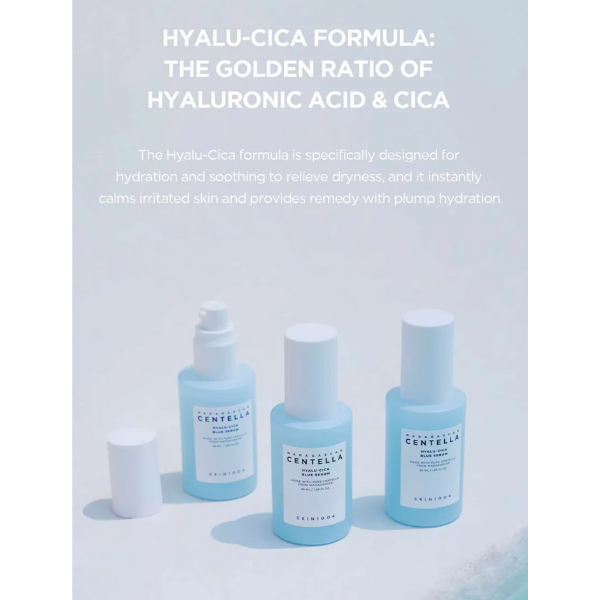 Three bottles of Centella Skin Care products on a light blue background with text about Hyalu-Cica formula.