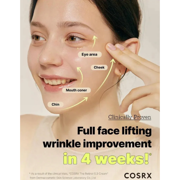 Cosmetic advertisement for face lifting and wrinkle improvement with COSRX branding.