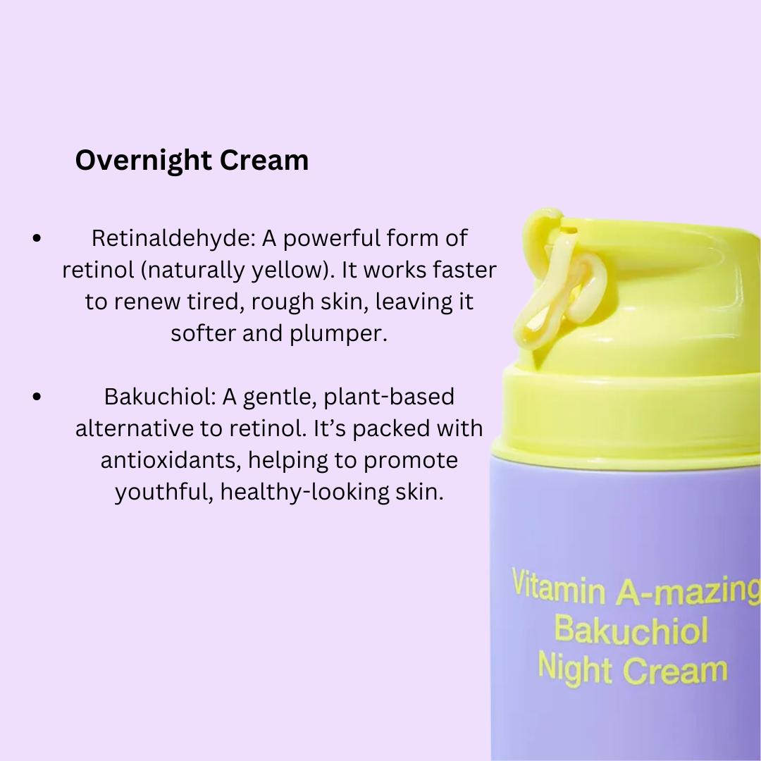 Vitamin A-mazing Bakuchiol Night Cream bottle with text on a purple background