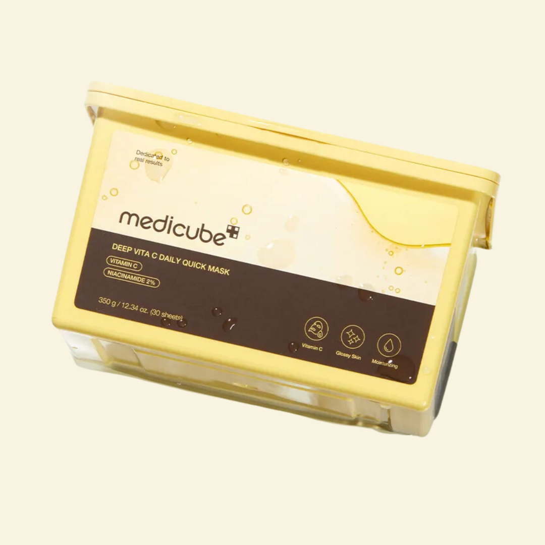 Medicube Deep Vita C Daily Quick Mask packaging on a beige background