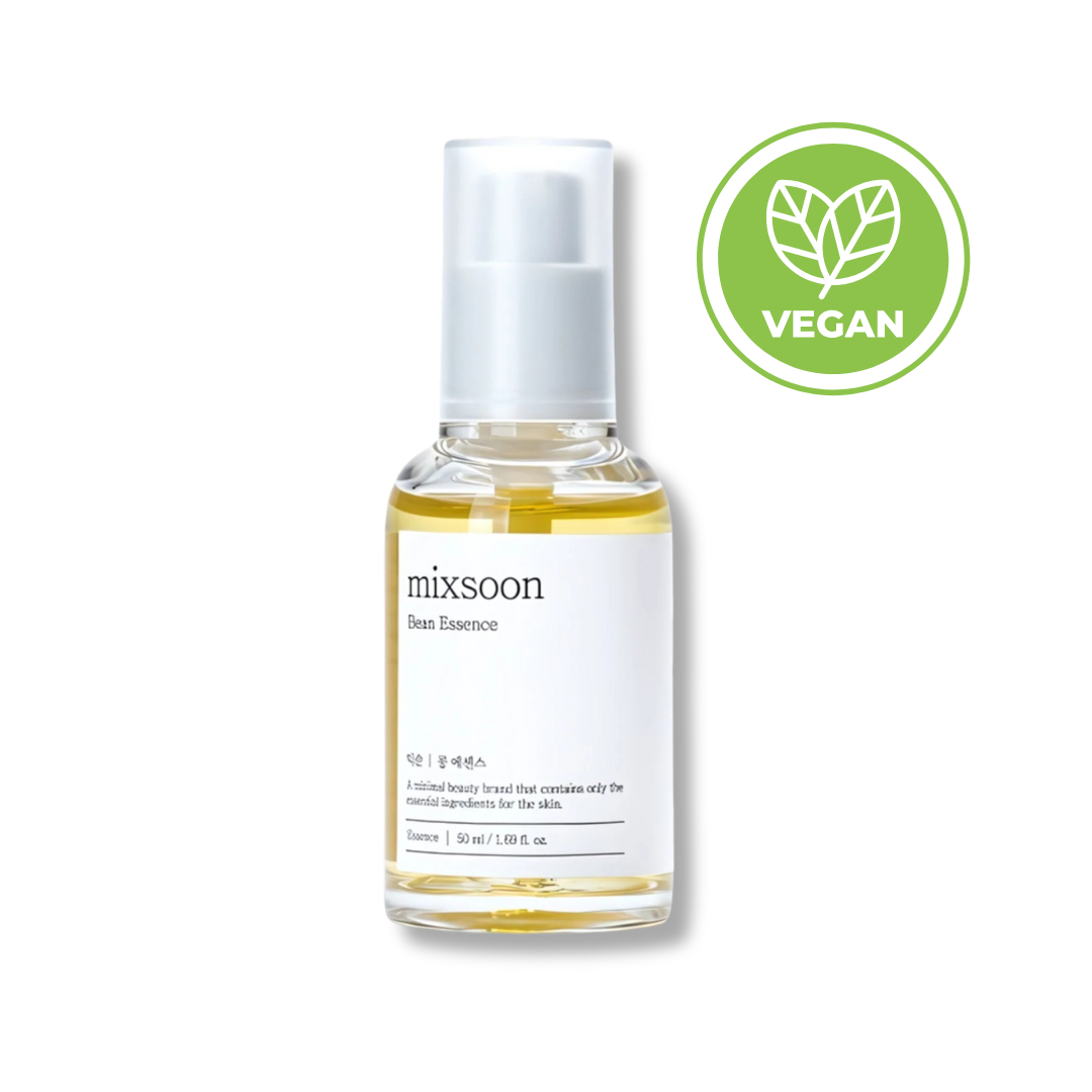 Bottle of mixsoon bean essence with a vegan certification logo on a white background
