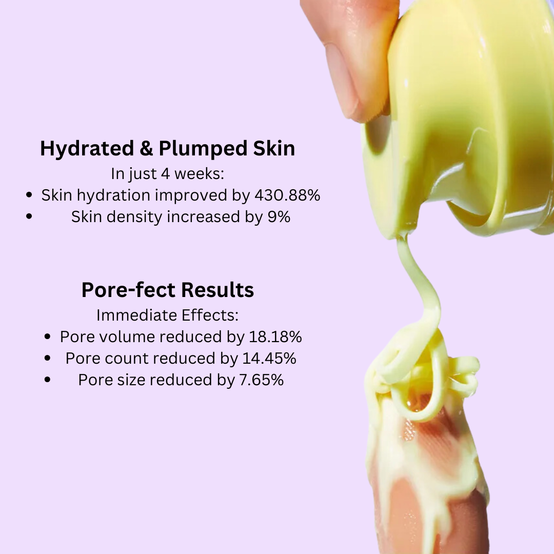 Product being applied to skin with text on hydrating and plumping skin results.