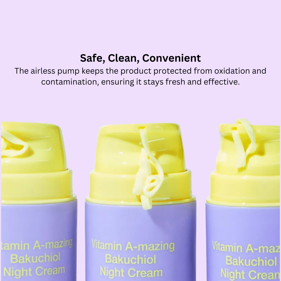 Three bottles of Vitamin A-mazing Bakuchiol Night Cream with yellow caps on a light purple background.