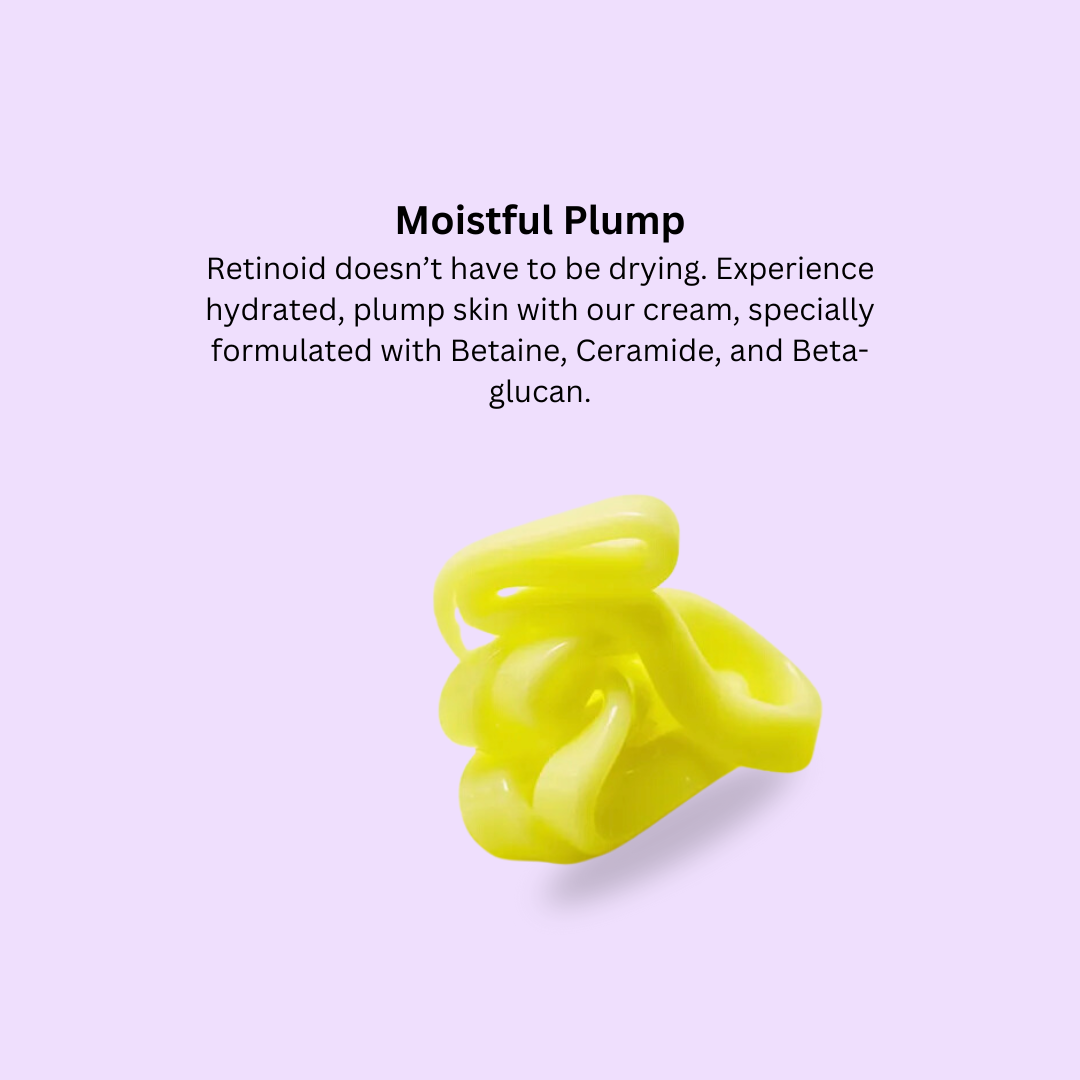 Yellow cream container with text about moisturizing and plumping skin on a light purple background
