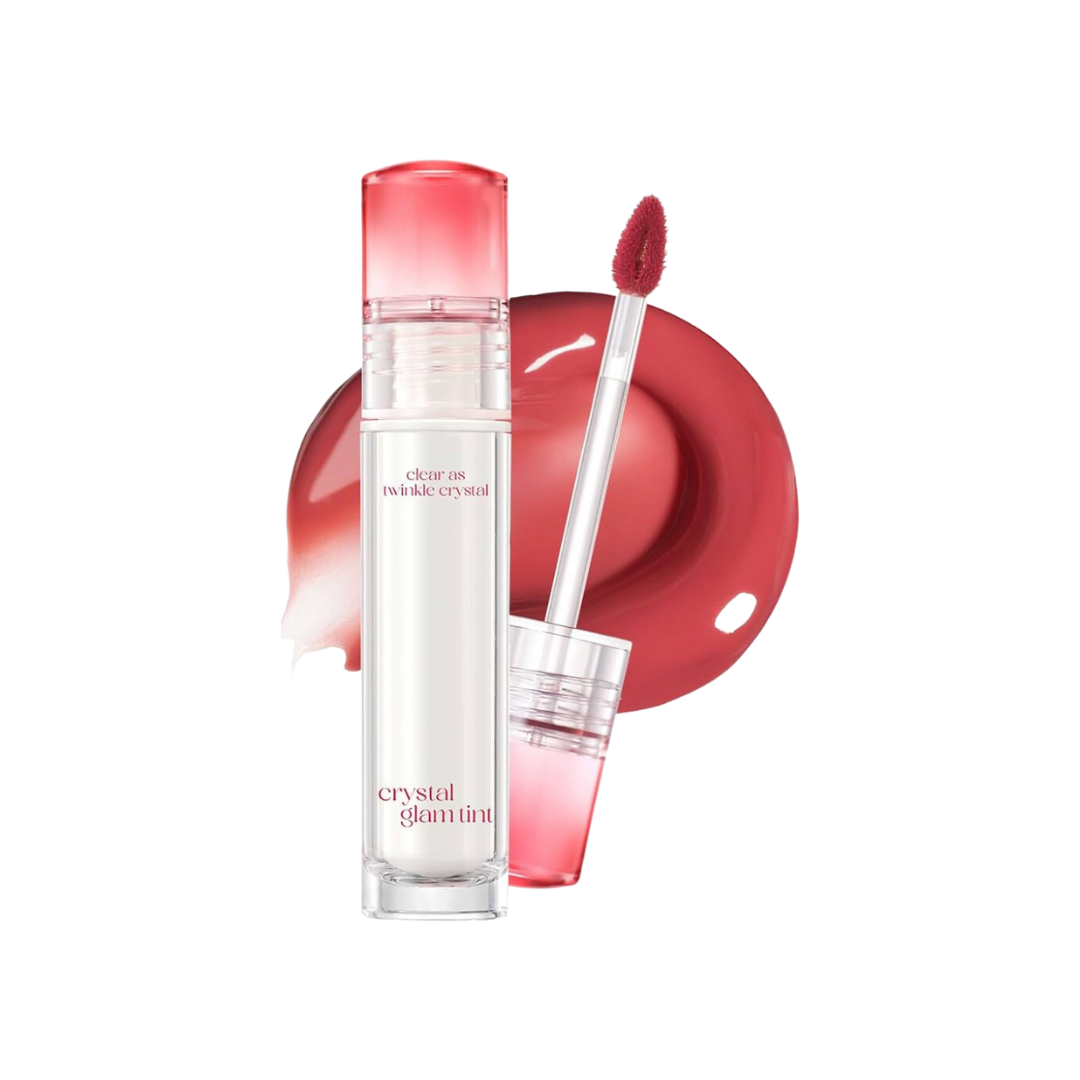 Lip gloss bottle with applicator on a white background