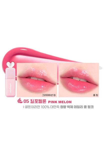 Pink lip gloss with a close-up of lips wearing it on a white background