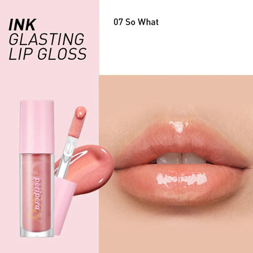 Pink lip gloss with applicator and close-up of lips wearing the gloss on a pink background