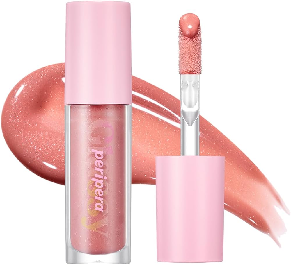 Lip gloss with applicator and pink cap on a white background