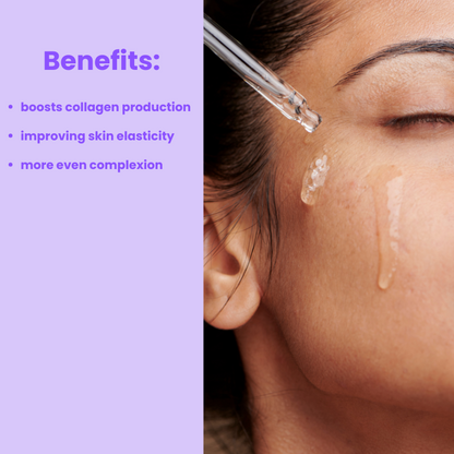 Close-up of a woman's face with skincare product application and benefits listed on a purple background