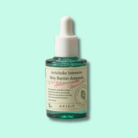 Bottle of Artichoke Intensive Skin Barrier Ampoule with dropper on a light green background