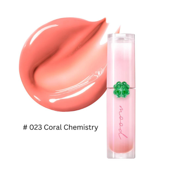 Lipstick with coral color swatch and brand name on a white background