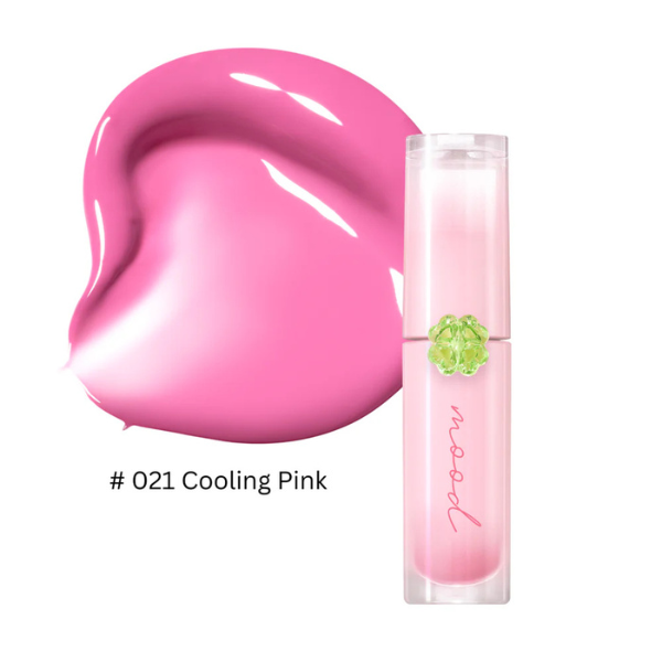Pink lip gloss with a swatch and product on a white background