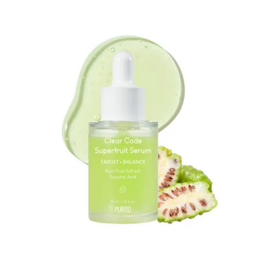 Clear Code Superfruit Serum bottle with a dropper on a white background