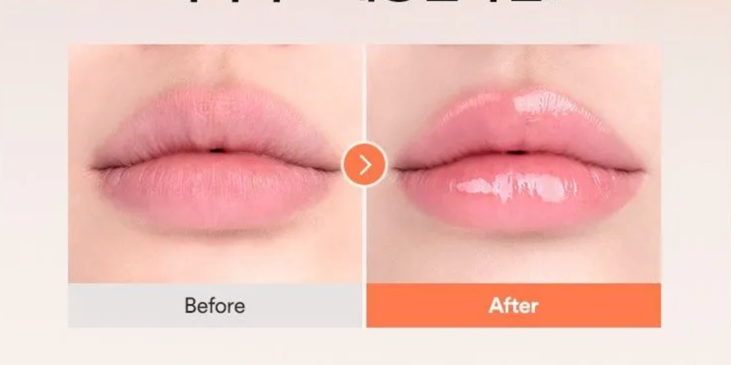Before and after comparison of lips with a clear lip balm.