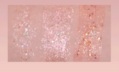 Three glittery texture swatches labeled '01', '02', and '03' on a pink background.