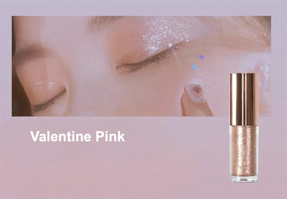 Glittery makeup product with 'Valentine Pink' label on a blurred background