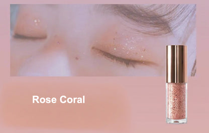 Rose Coral lip gloss with close-up of lips wearing it on a pink background