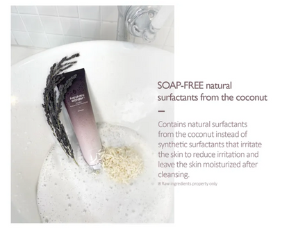 Bottle of soap-free natural surfactants from the coconut in a bathtub with text explaining its benefits.