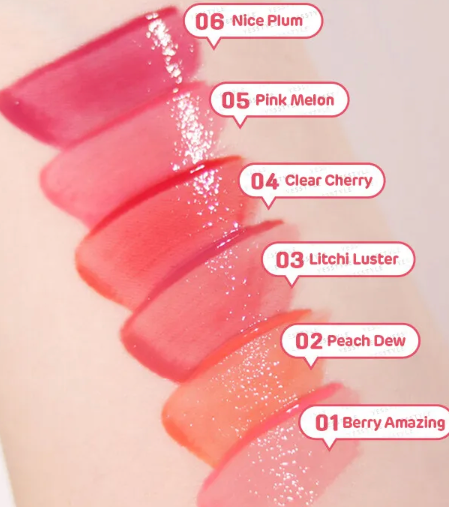 Lipstick swatches in various shades with labeled names on a beige background