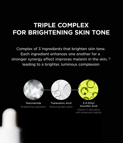 Diagram of a triple complex for brightening skin tone with ingredients Niacinamide, Tranexamic Acid, and 3-O-Ethyl Ascorbic Acid on a black background.