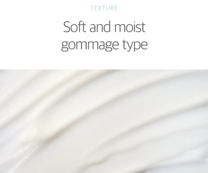 Textured white fabric with 'Soft and moist gommage type' text on a white background