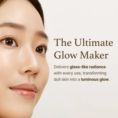 Advertisement for a skincare product with text about delivering glass-like radiance.